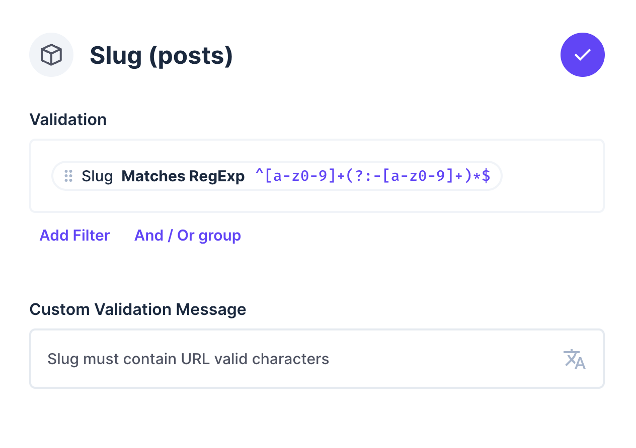 image displaying the custom validation for slug