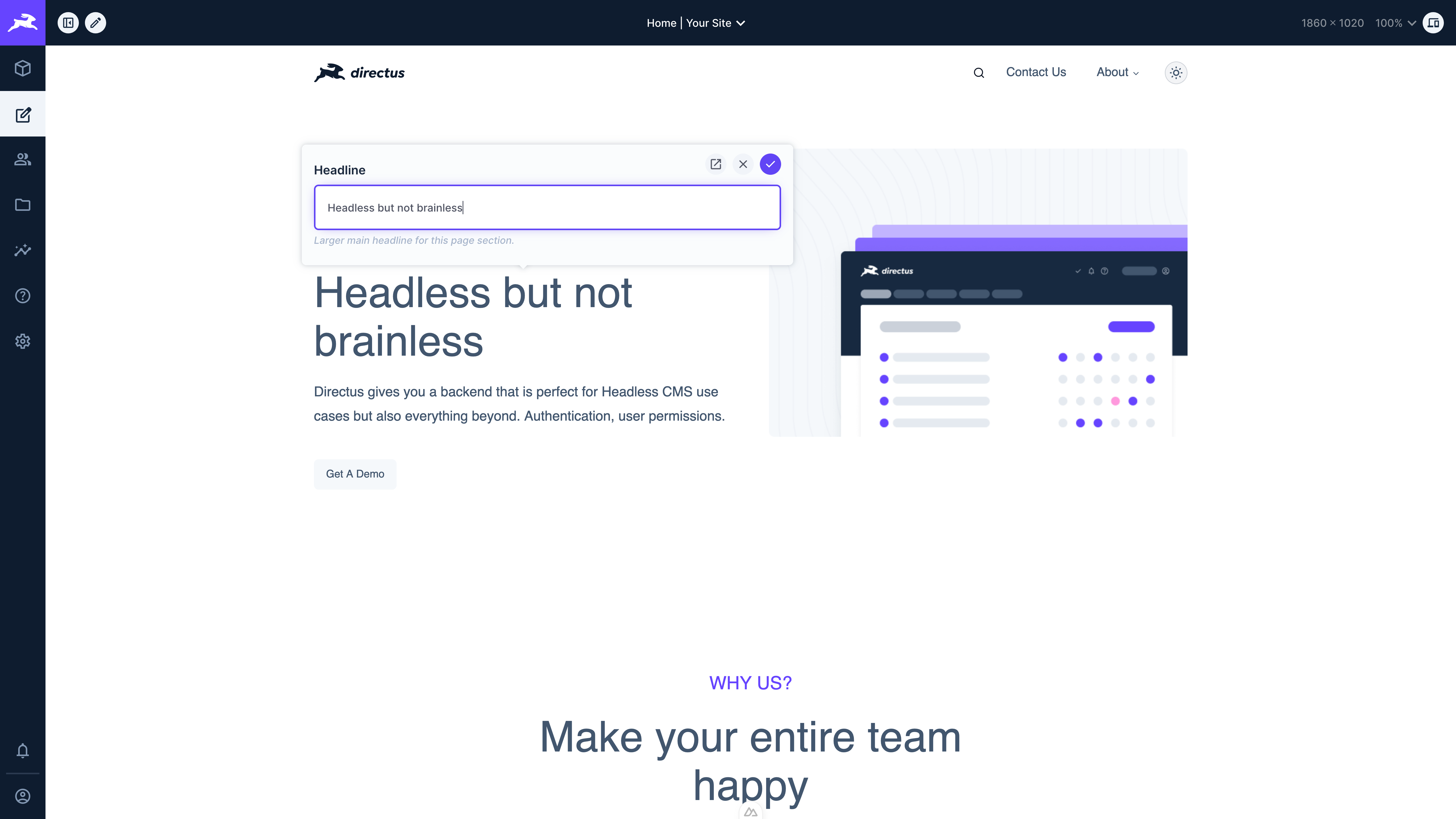 An image of the visual editor with the drawer open on a page and an input being edited in a popover
